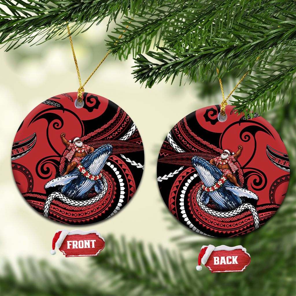 Tonga Christmas Ceramic Ornament Santa Riding Humpback Whale DT05 Circle Red - Polynesian Pride