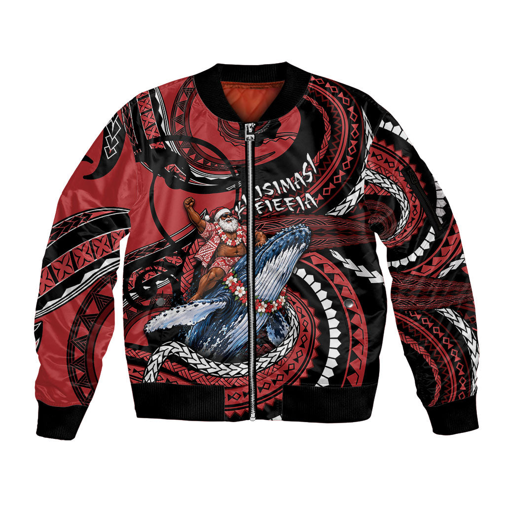 Tonga Christmas Sleeve Zip Bomber Jacket Santa Riding Humpback Whale DT05 Unisex Red - Polynesian Pride