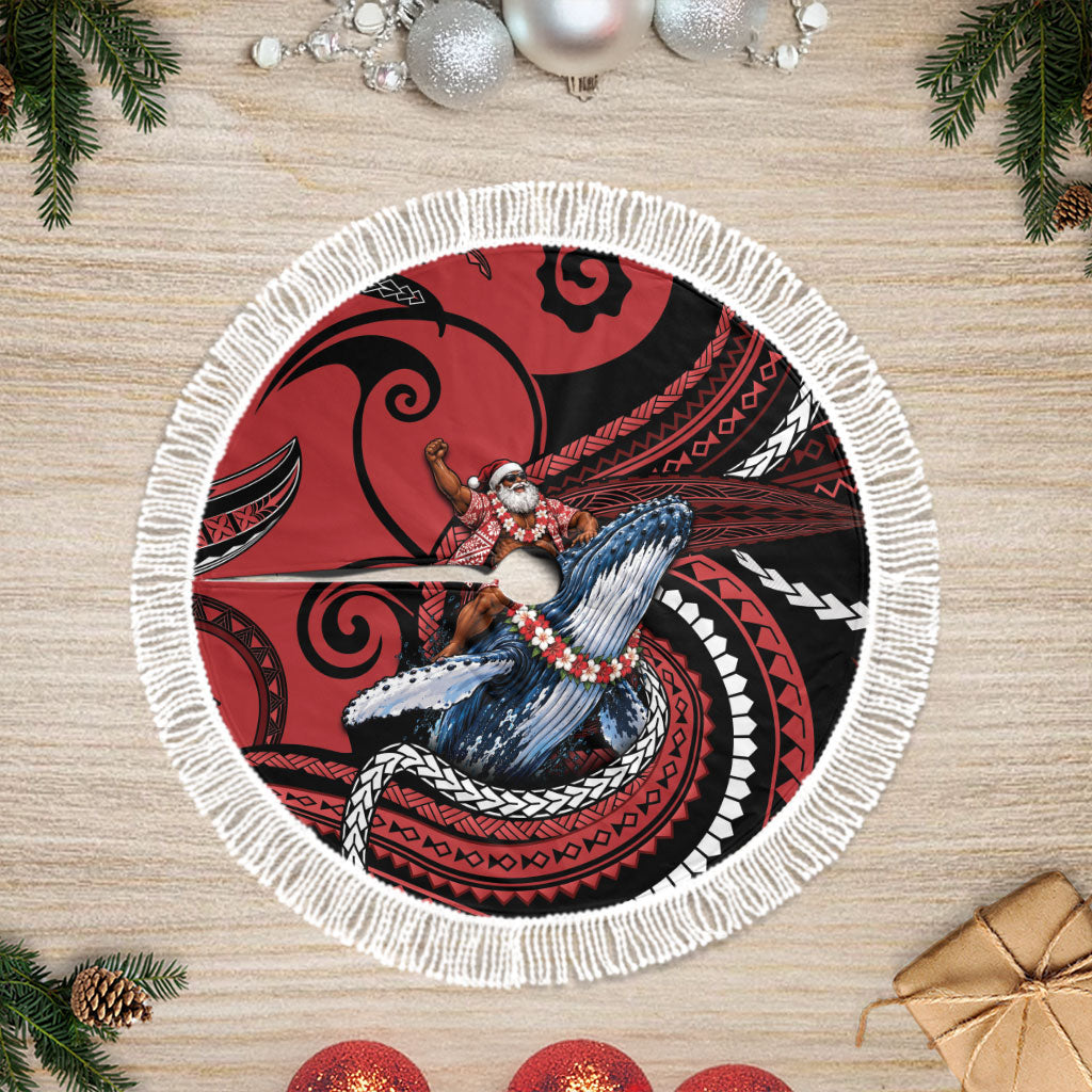 Tonga Christmas Tree Skirt Santa Riding Humpback Whale DT05 Fringed Red - Polynesian Pride