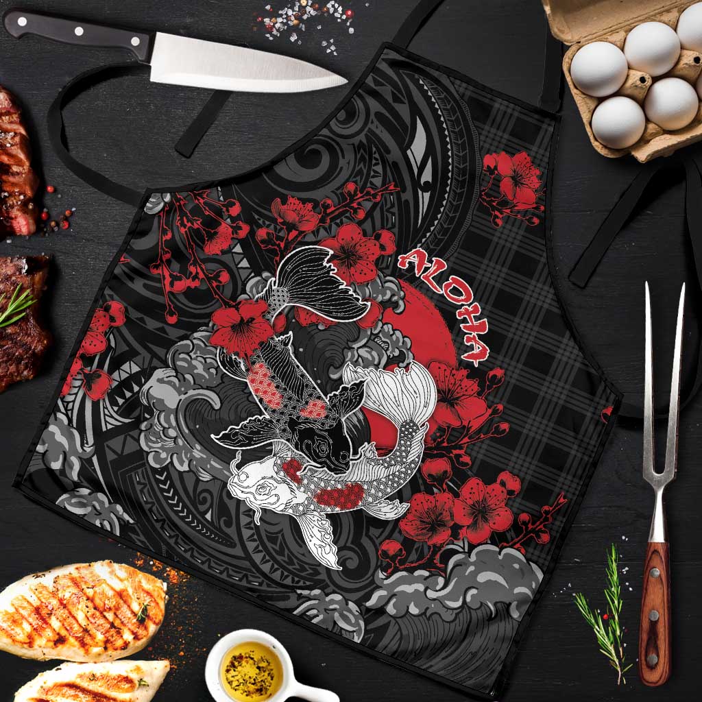 Hawaiian And Japanese Apron Aloha Koi Fish Palaka Patterns DT05 Black - Polynesian Pride