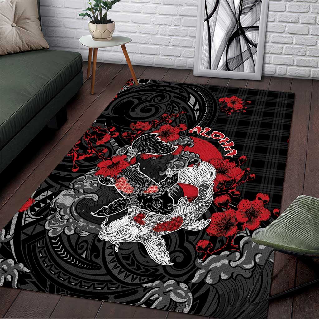 Hawaiian And Japanese Area Rug Aloha Koi Fish Palaka Patterns DT05 Black - Polynesian Pride