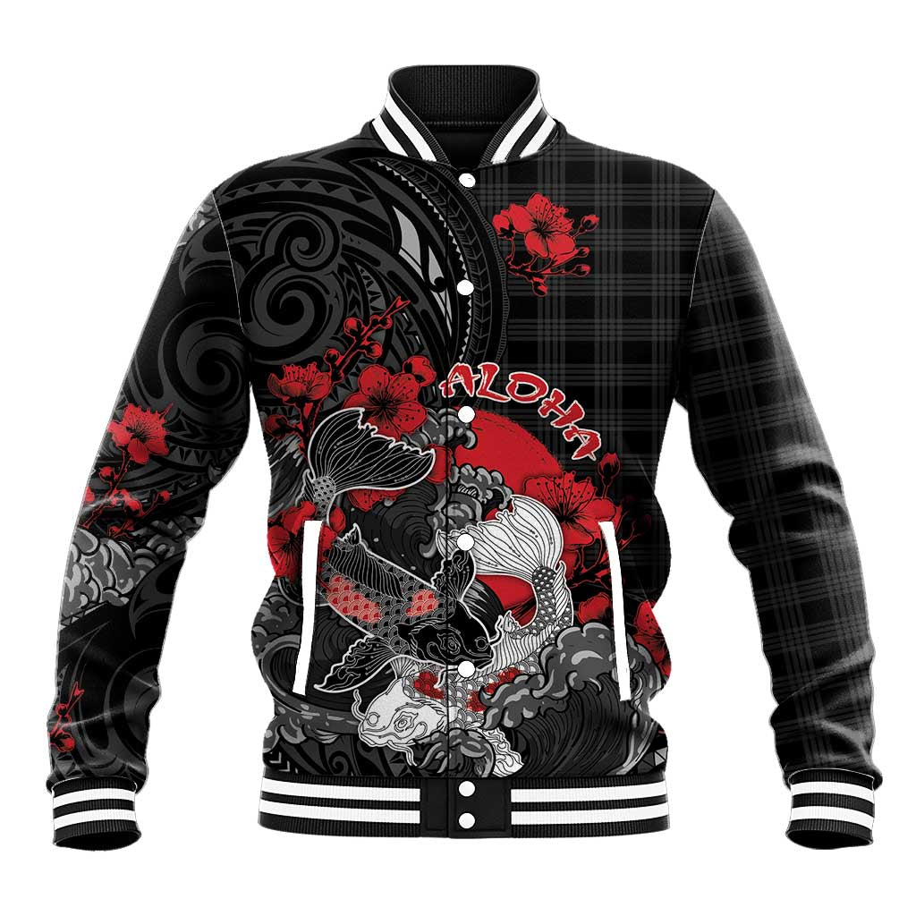 Personalised Hawaiian And Japanese Baseball Jacket Aloha Koi Fish Palaka Patterns - Polynesian Pride