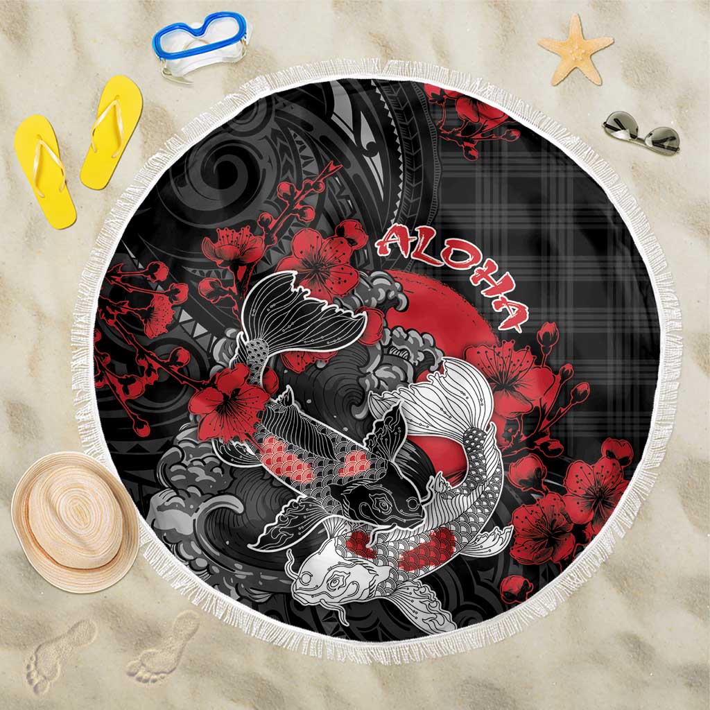 Hawaiian And Japanese Beach Blanket Aloha Koi Fish Palaka Patterns DT05 One Size 150cm Black - Polynesian Pride