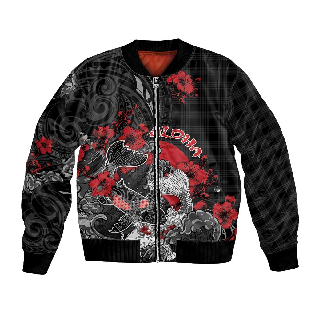 Personalised Hawaiian And Japanese Bomber Jacket Aloha Koi Fish Palaka Patterns DT05 Unisex Black - Polynesian Pride