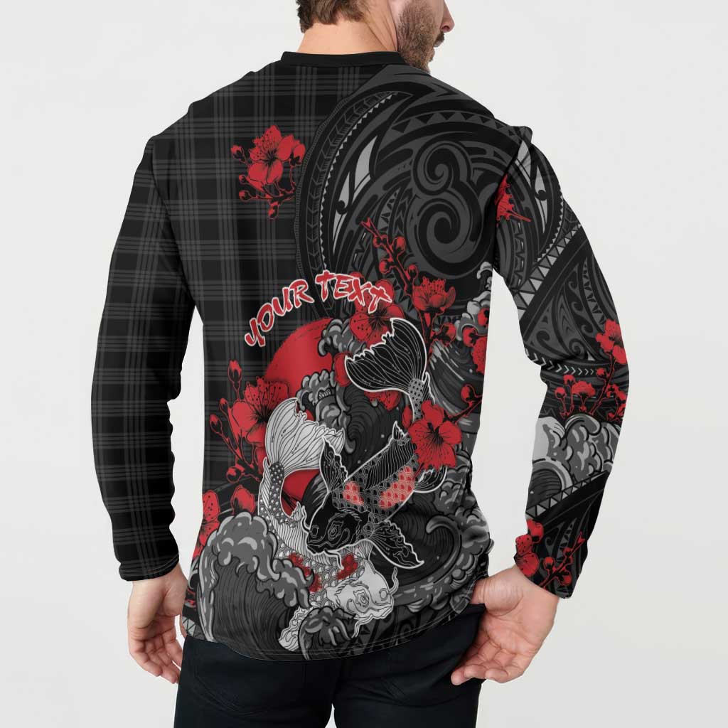Personalised Hawaiian And Japanese Button Sweatshirt Aloha Koi Fish Palaka Patterns - Polynesian Pride