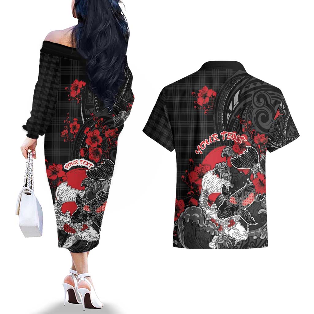 Personalised Hawaiian And Japanese Couples Matching Off The Shoulder Long Sleeve Dress and Hawaiian Shirt Aloha Koi Fish Palaka Patterns DT05 - Polynesian Pride