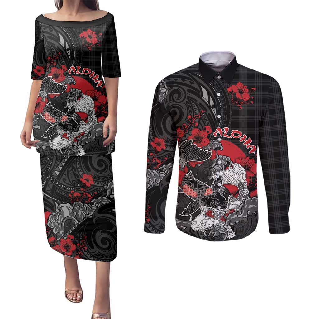 Personalised Hawaiian And Japanese Couples Matching Puletasi and Long Sleeve Button Shirt Aloha Koi Fish Palaka Patterns - Polynesian Pride