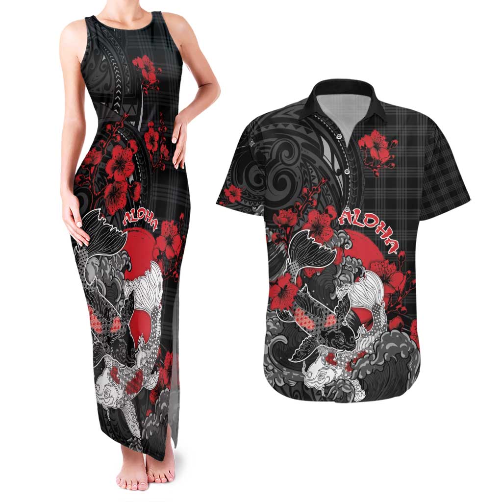 Personalised Hawaiian And Japanese Couples Matching Tank Maxi Dress and Hawaiian Shirt Aloha Koi Fish Palaka Patterns DT05 Black - Polynesian Pride