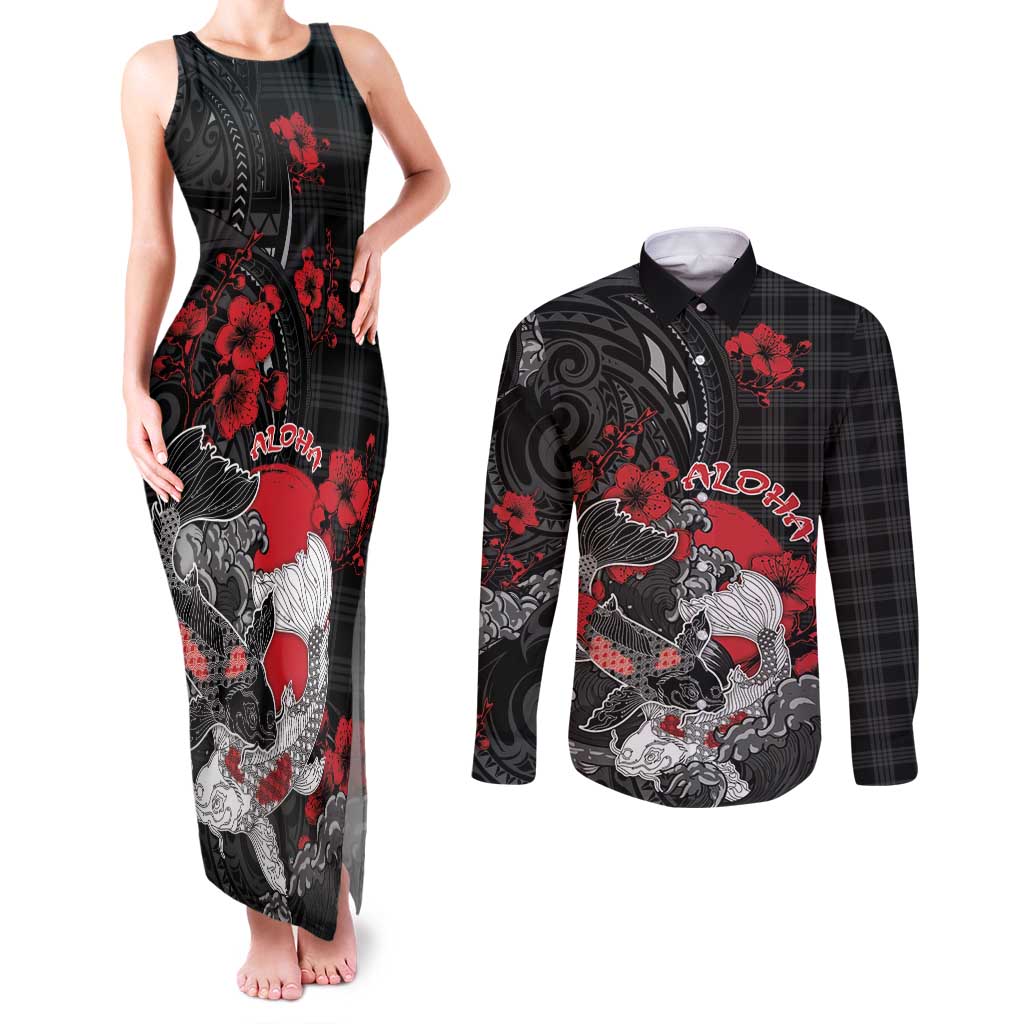 Personalised Hawaiian And Japanese Couples Matching Tank Maxi Dress and Long Sleeve Button Shirt Aloha Koi Fish Palaka Patterns - Polynesian Pride