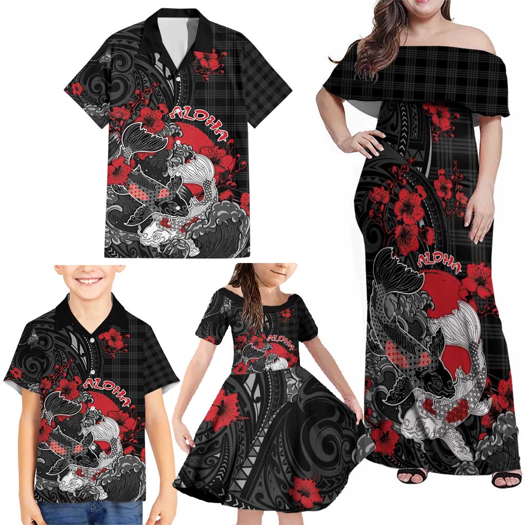 Personalised Hawaiian And Japanese Family Matching Off Shoulder Maxi Dress and Hawaiian Shirt Aloha Koi Fish Palaka Patterns DT05 - Polynesian Pride
