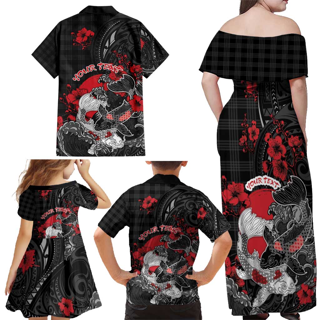 Personalised Hawaiian And Japanese Family Matching Off Shoulder Maxi Dress and Hawaiian Shirt Aloha Koi Fish Palaka Patterns DT05 - Polynesian Pride