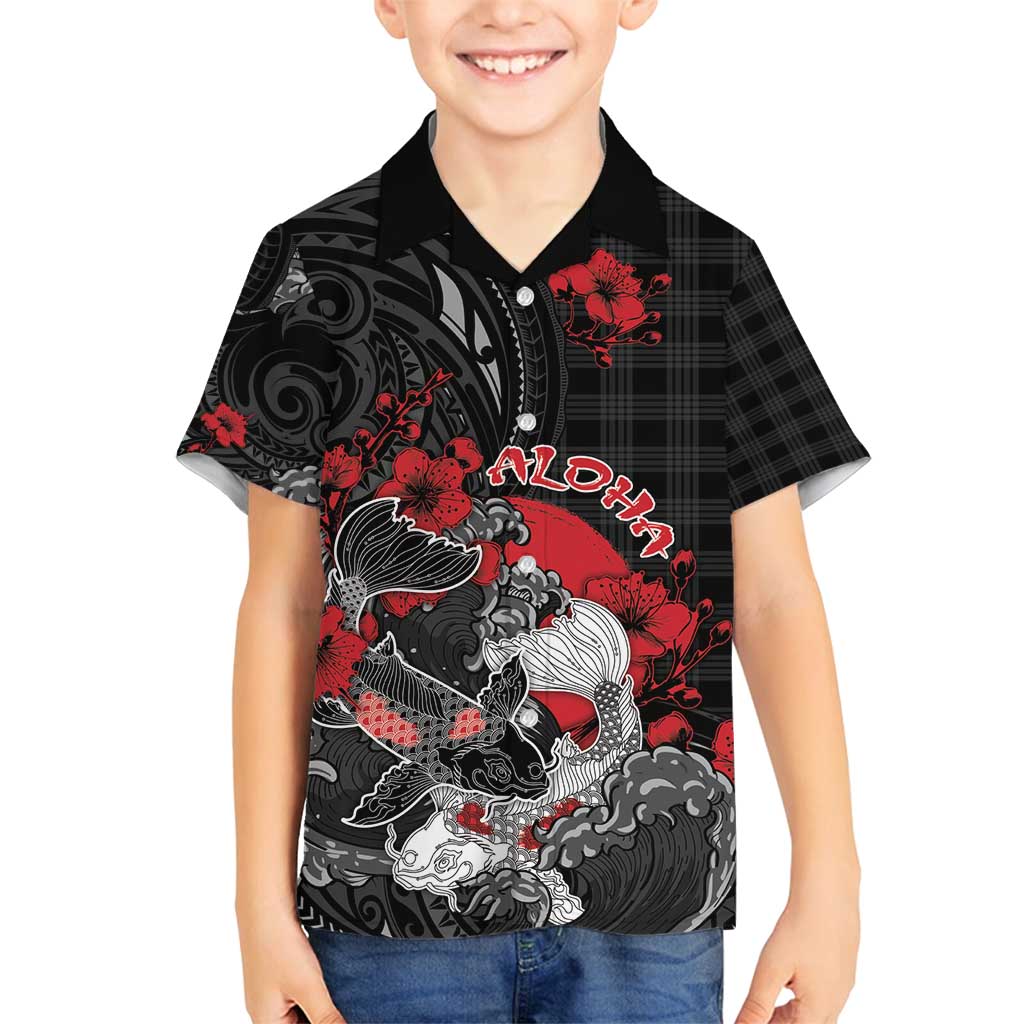 Personalised Hawaiian And Japanese Family Matching Off Shoulder Maxi Dress and Hawaiian Shirt Aloha Koi Fish Palaka Patterns DT05 Son's Shirt Black - Polynesian Pride