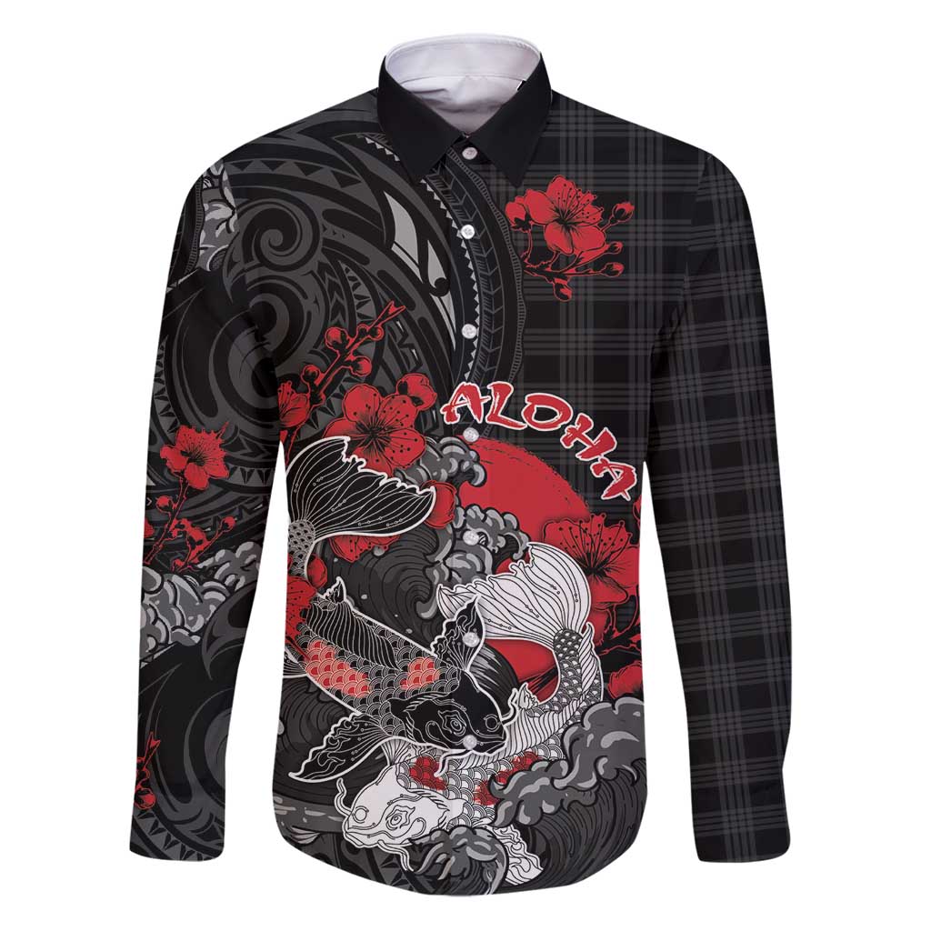 Personalised Hawaiian And Japanese Family Matching Puletasi and Hawaiian Shirt Aloha Koi Fish Palaka Patterns DT05 Dad's Shirt - Long Sleeve Black - Polynesian Pride