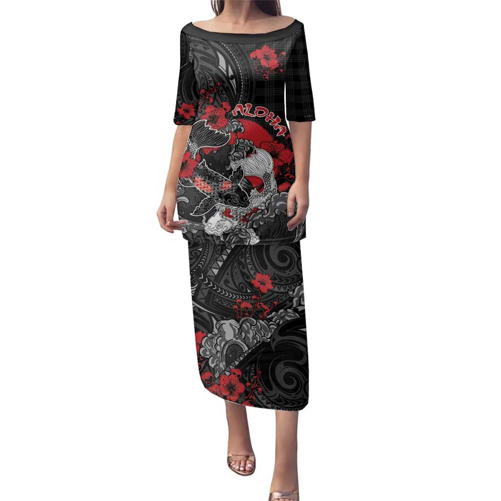 Personalised Hawaiian And Japanese Family Matching Puletasi and Hawaiian Shirt Aloha Koi Fish Palaka Patterns DT05 Mom's Dress Black - Polynesian Pride