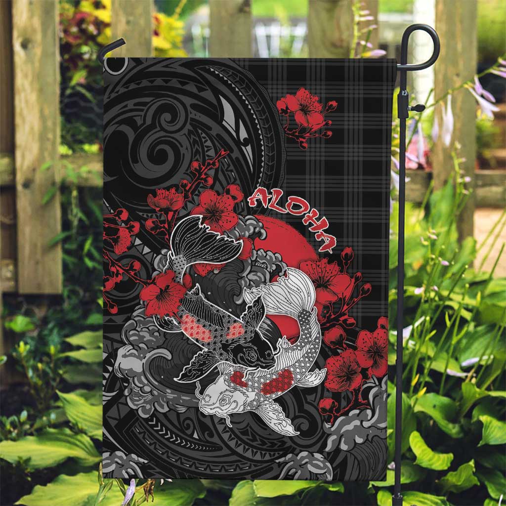 Hawaiian And Japanese Garden Flag Aloha Koi Fish Palaka Patterns DT05 Garden Flag Black - Polynesian Pride