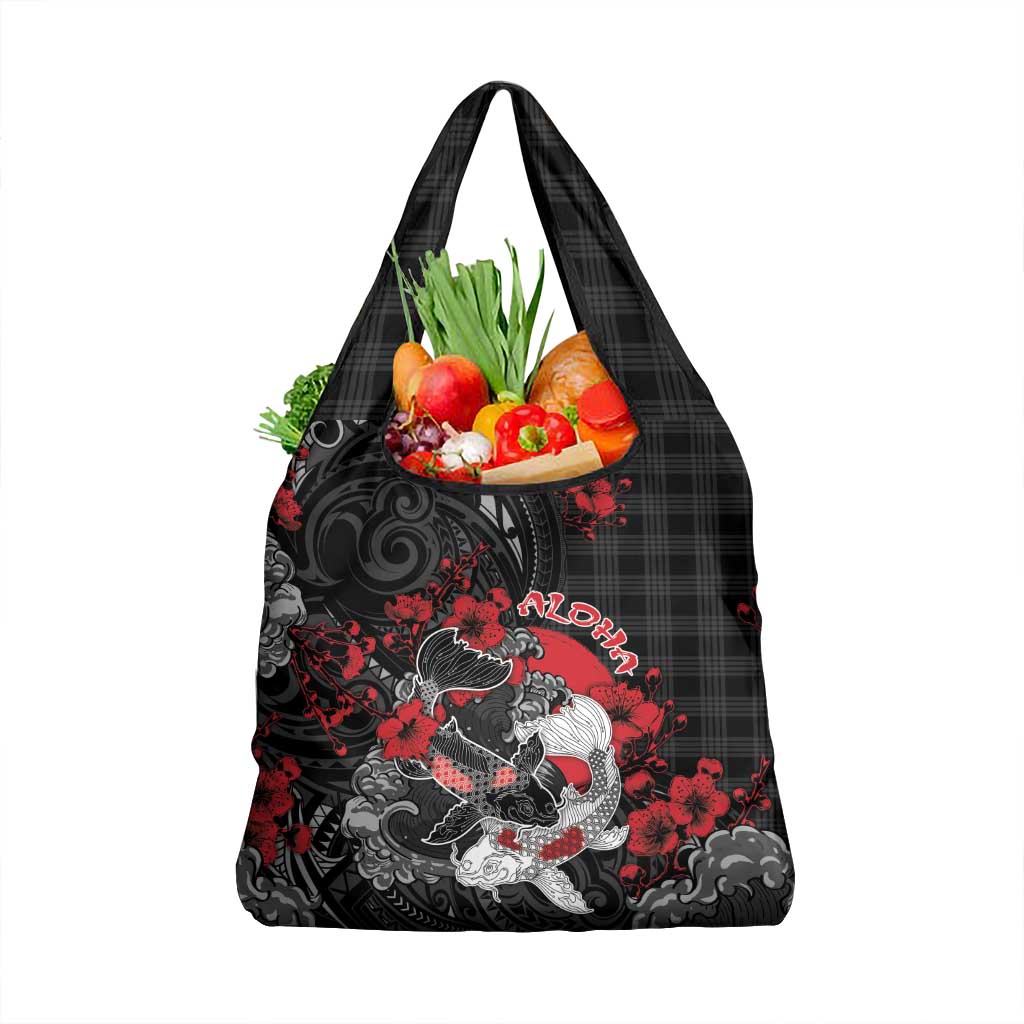 Hawaiian And Japanese Grocery Bag Aloha Koi Fish Palaka Patterns DT05 1-pack One Size Black - Polynesian Pride