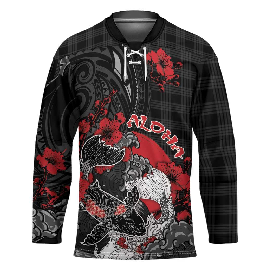 Personalised Hawaiian And Japanese Hockey Jersey Aloha Koi Fish Palaka Patterns DT05 Unisex Black - Polynesian Pride