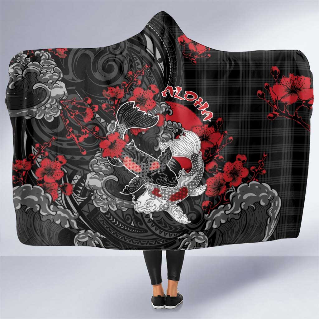 Hawaiian And Japanese Hooded Blanket Aloha Koi Fish Palaka Patterns DT05 One Size Black - Polynesian Pride