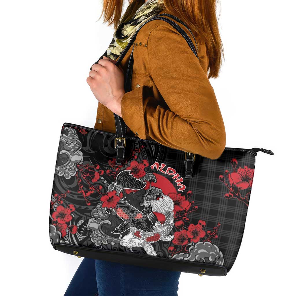 Hawaiian And Japanese Leather Tote Bag Aloha Koi Fish Palaka Patterns DT05 Black - Polynesian Pride