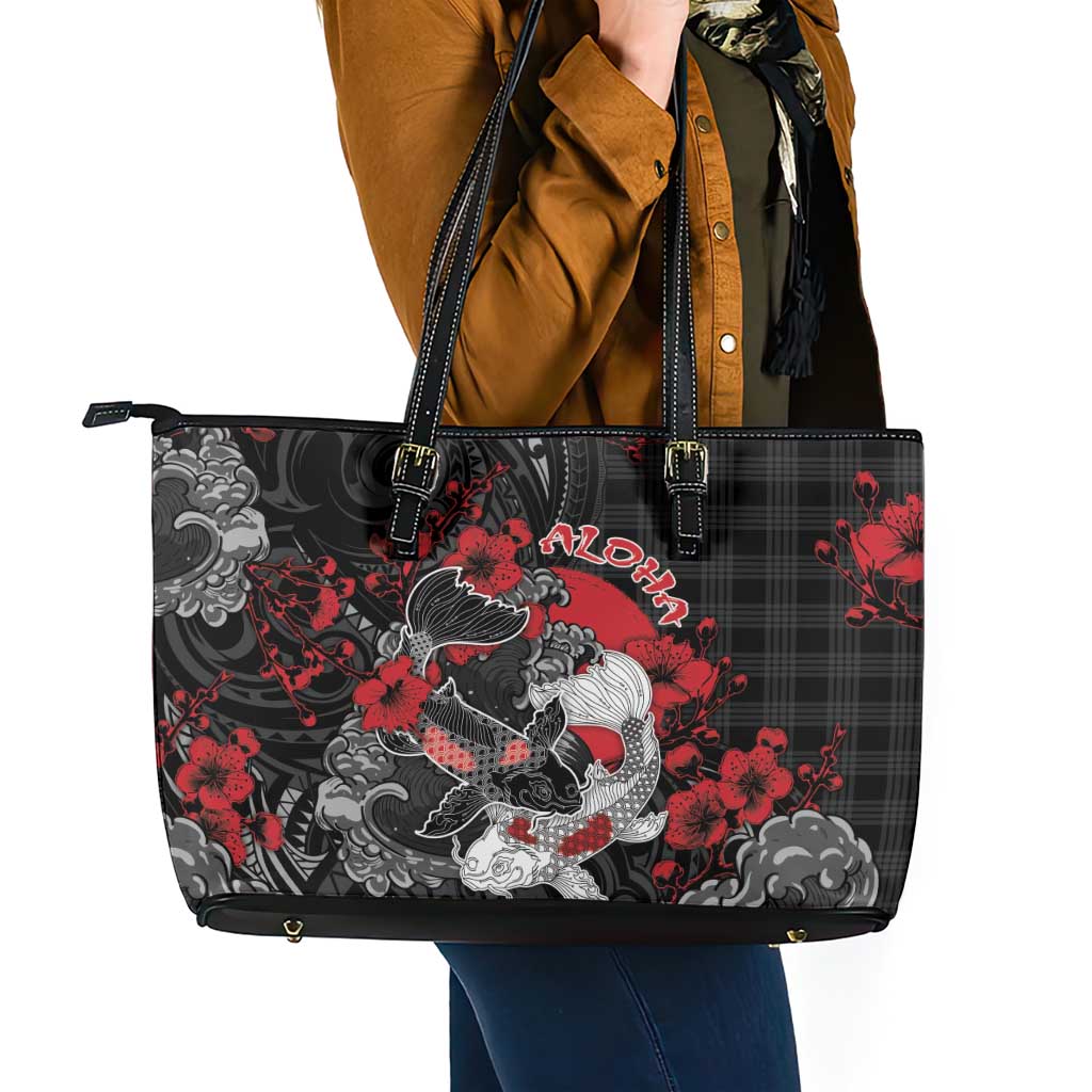 Hawaiian And Japanese Leather Tote Bag Aloha Koi Fish Palaka Patterns DT05 - Polynesian Pride