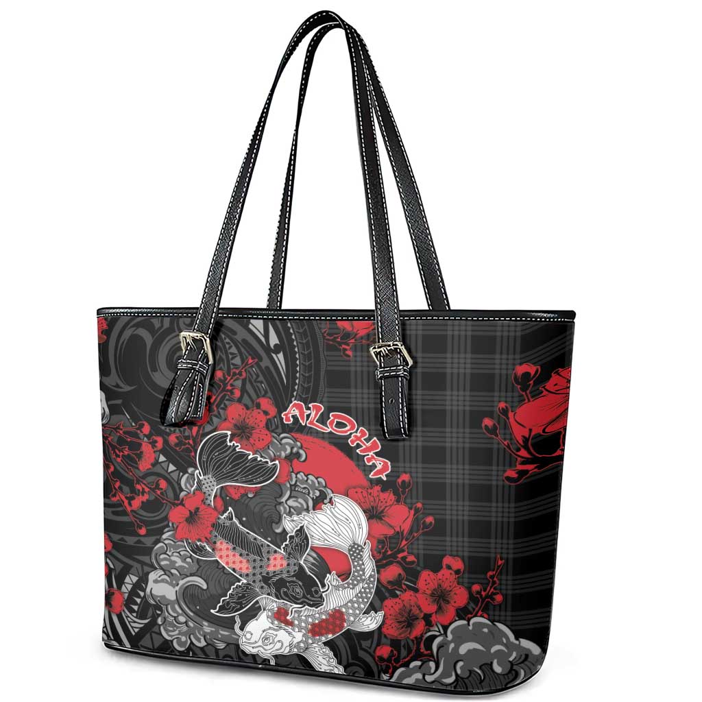 Hawaiian And Japanese Leather Tote Bag Aloha Koi Fish Palaka Patterns DT05 - Polynesian Pride