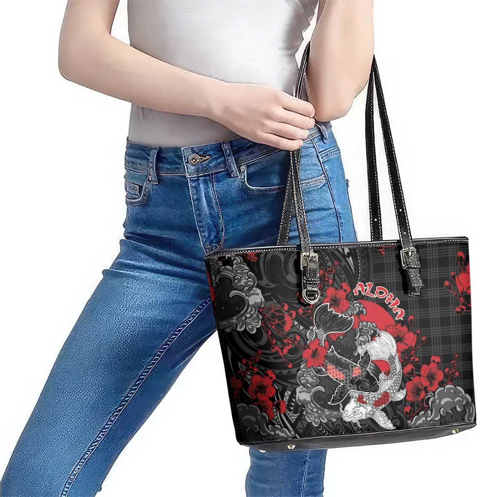 Hawaiian And Japanese Leather Tote Bag Aloha Koi Fish Palaka Patterns DT05 - Polynesian Pride