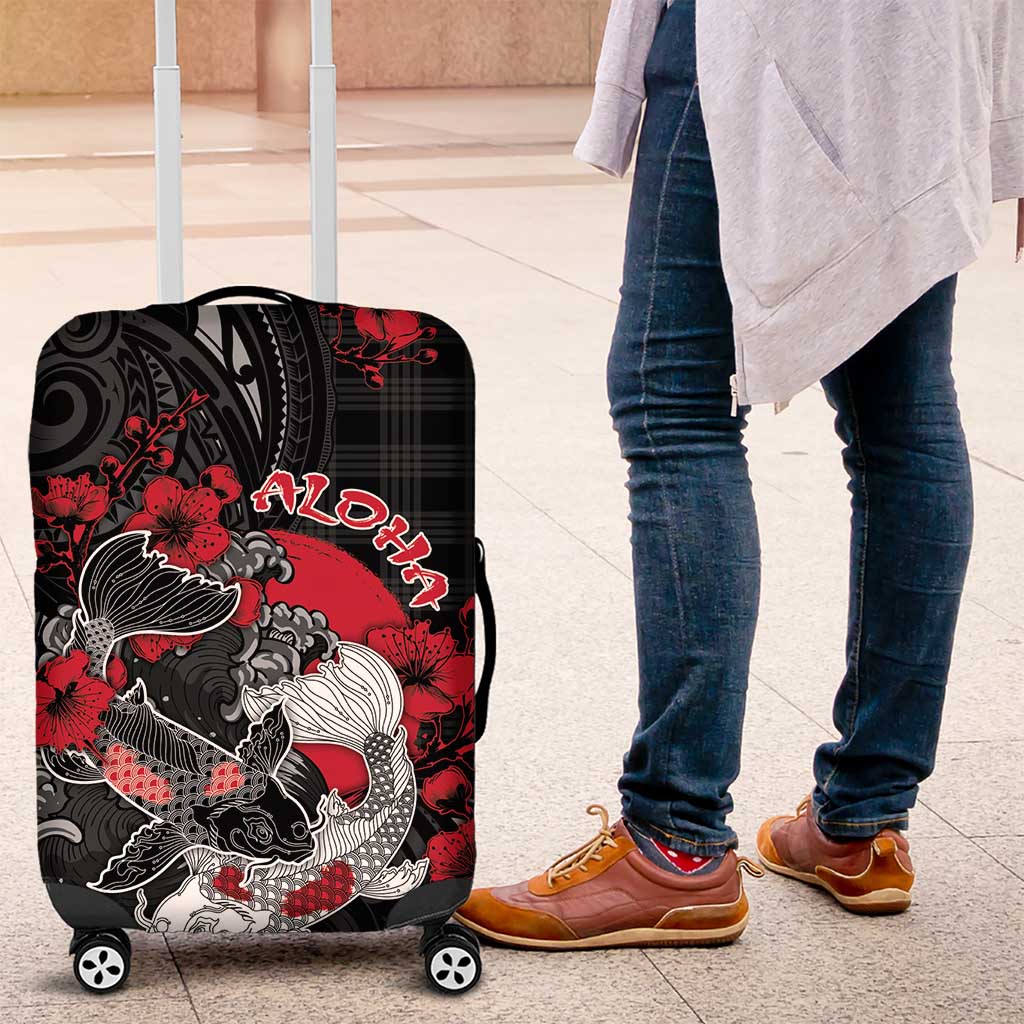 Hawaiian And Japanese Luggage Cover Aloha Koi Fish Palaka Patterns DT05 Black - Polynesian Pride