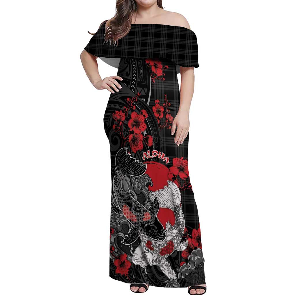 Personalised Hawaiian And Japanese Off Shoulder Maxi Dress Aloha Koi Fish Palaka Patterns DT05 Women Black - Polynesian Pride