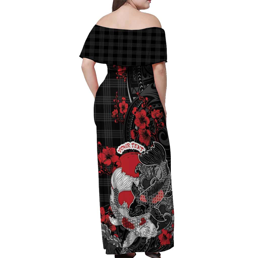 Personalised Hawaiian And Japanese Off Shoulder Maxi Dress Aloha Koi Fish Palaka Patterns DT05 - Polynesian Pride