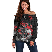 Personalised Hawaiian And Japanese Off Shoulder Sweater Aloha Koi Fish Palaka Patterns DT05 Women Black - Polynesian Pride