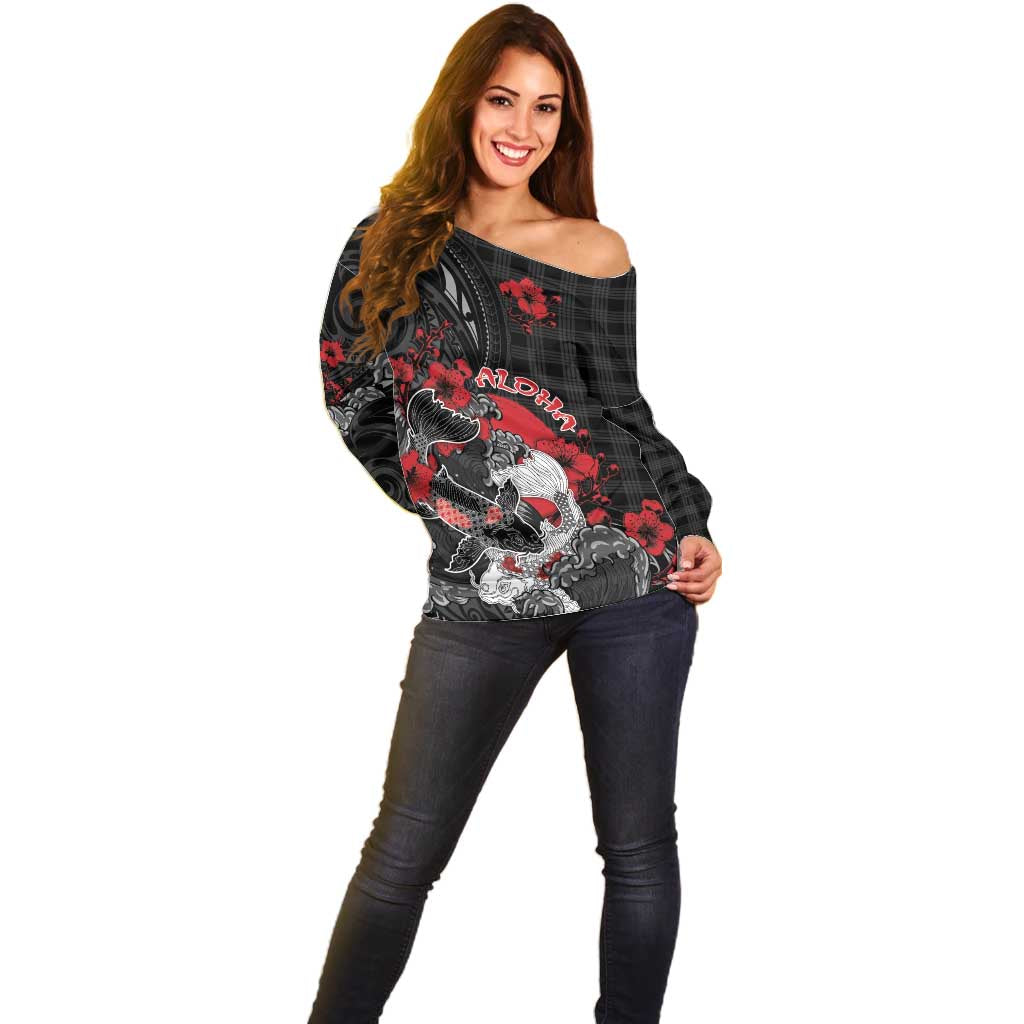 Personalised Hawaiian And Japanese Off Shoulder Sweater Aloha Koi Fish Palaka Patterns DT05 - Polynesian Pride