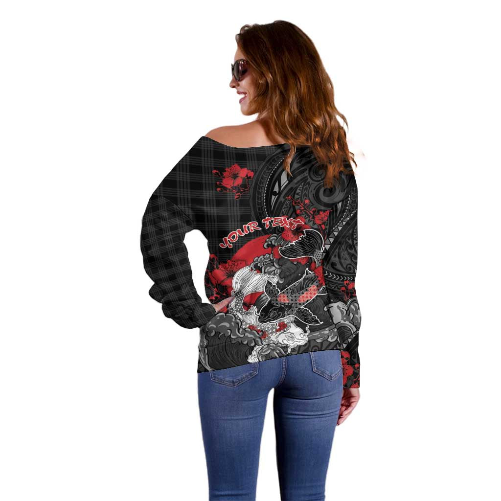 Personalised Hawaiian And Japanese Off Shoulder Sweater Aloha Koi Fish Palaka Patterns DT05 - Polynesian Pride