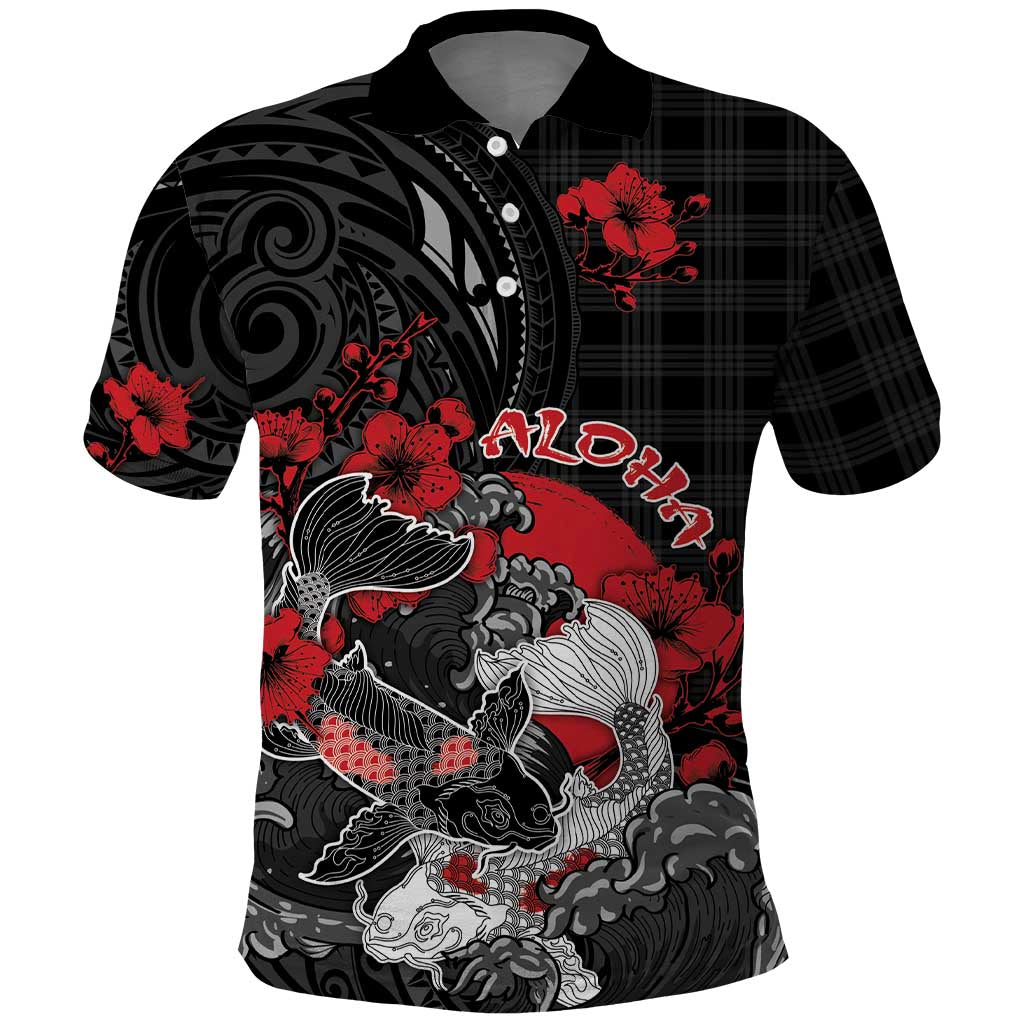 Personalised Hawaiian And Japanese Polo Shirt Aloha Koi Fish Palaka Patterns DT05 Black - Polynesian Pride