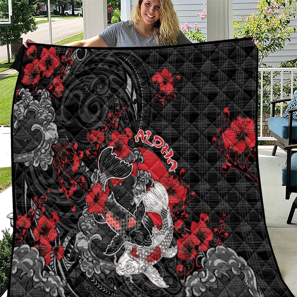 Hawaiian And Japanese Quilt Aloha Koi Fish Palaka Patterns DT05 Black - Polynesian Pride