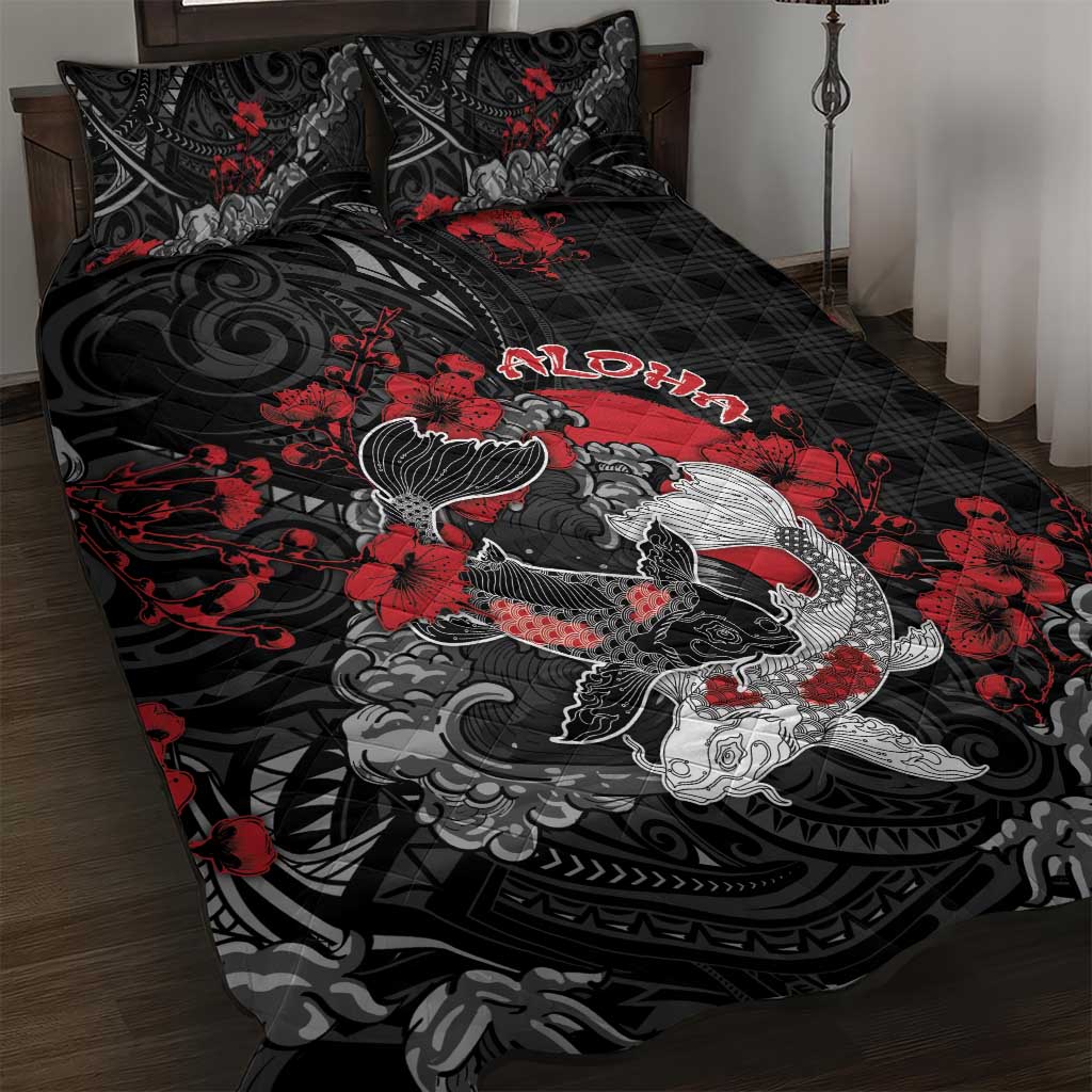 Hawaiian And Japanese Quilt Bed Set Aloha Koi Fish Palaka Patterns - Polynesian Pride