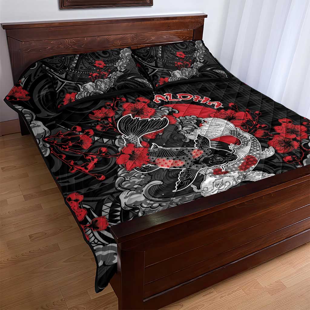 Hawaiian And Japanese Quilt Bed Set Aloha Koi Fish Palaka Patterns - Polynesian Pride