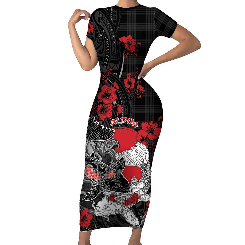 Personalised Hawaiian And Japanese Short Sleeve Bodycon Dress Aloha Koi Fish Palaka Patterns DT05 Long Dress Black - Polynesian Pride