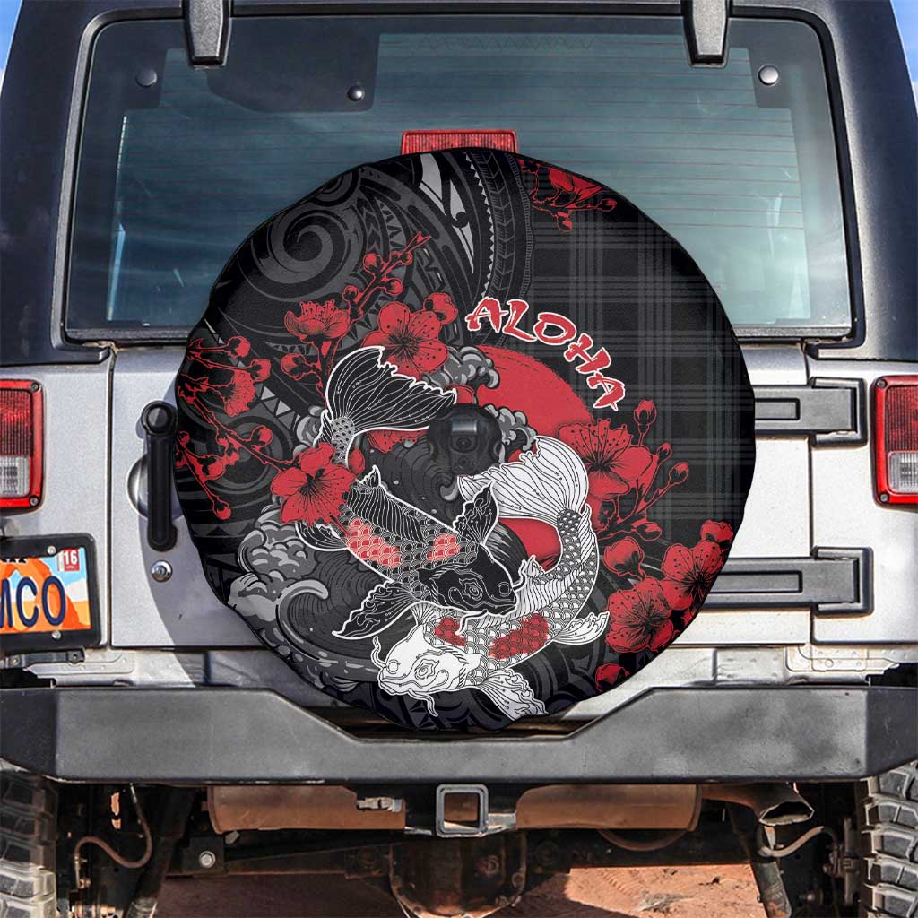 Hawaiian And Japanese Spare Tire Cover Aloha Koi Fish Palaka Patterns DT05 Black - Polynesian Pride