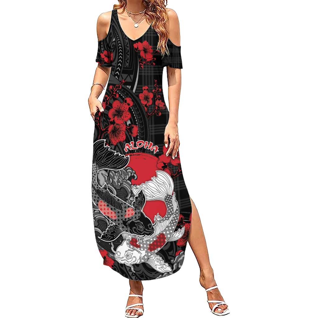 Personalised Hawaiian And Japanese Summer Maxi Dress Aloha Koi Fish Palaka Patterns DT05 Women Black - Polynesian Pride