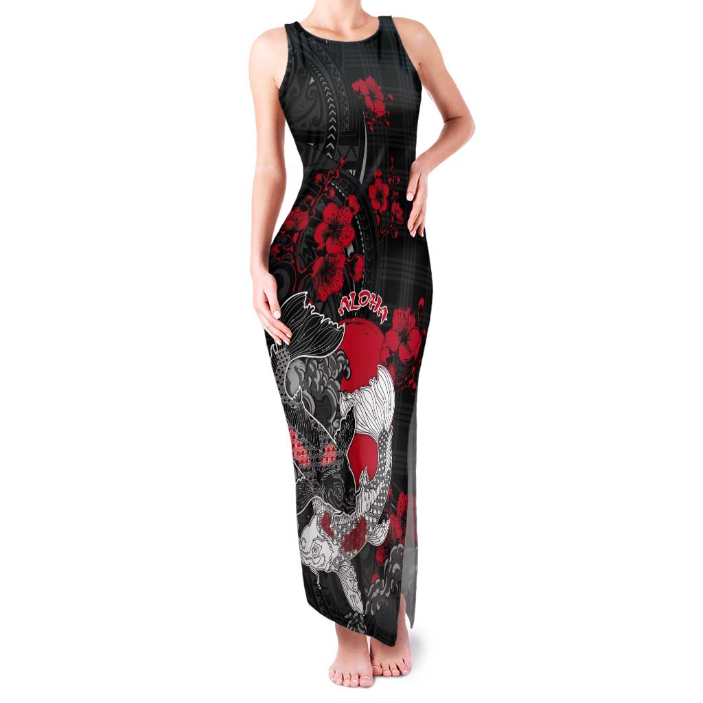 Personalised Hawaiian And Japanese Tank Maxi Dress Aloha Koi Fish Palaka Patterns DT05 Women Black - Polynesian Pride