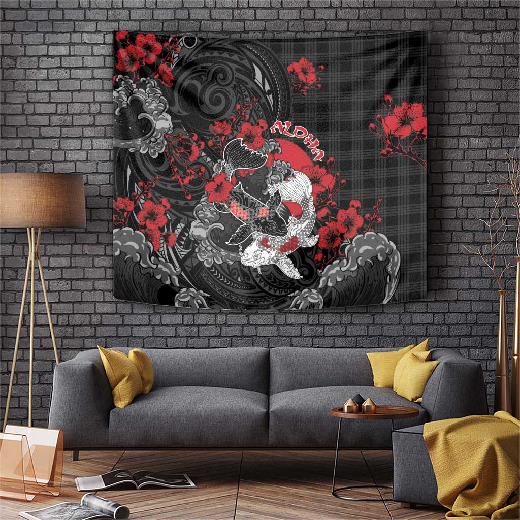 Hawaiian And Japanese Tapestry Aloha Koi Fish Palaka Patterns DT05 Black - Polynesian Pride