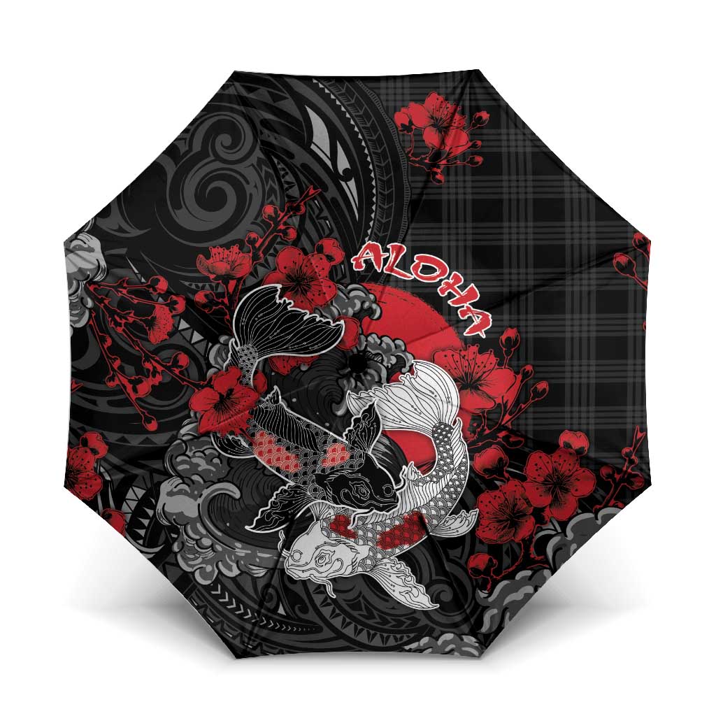 Hawaiian And Japanese Umbrella Aloha Koi Fish Palaka Patterns DT05 One Size Folded 11.42 inch Opened Diameter 37.4 inch Black - Polynesian Pride