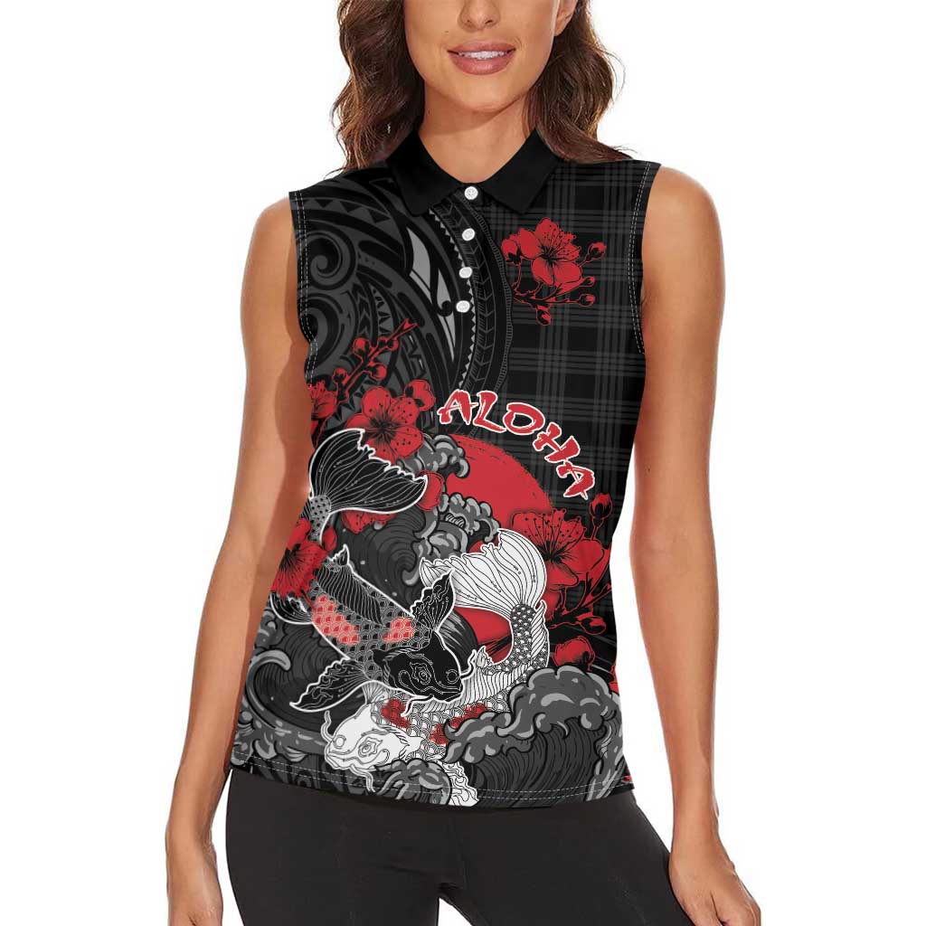 Personalised Hawaiian And Japanese Women Sleeveless Polo Shirt Aloha Koi Fish Palaka Patterns - Polynesian Pride