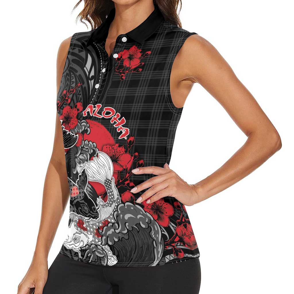 Personalised Hawaiian And Japanese Women Sleeveless Polo Shirt Aloha Koi Fish Palaka Patterns - Polynesian Pride