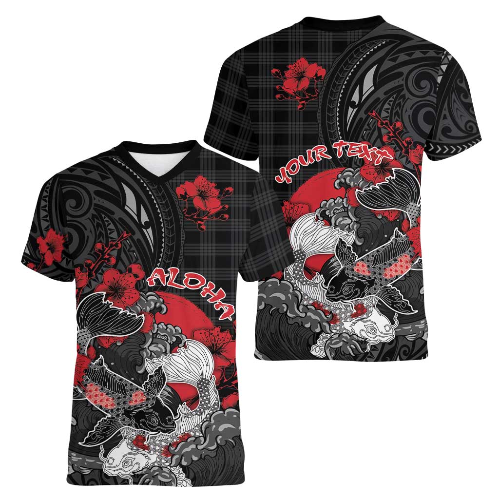 Personalised Hawaiian And Japanese Women V-Neck T-Shirt Aloha Koi Fish Palaka Patterns - Polynesian Pride