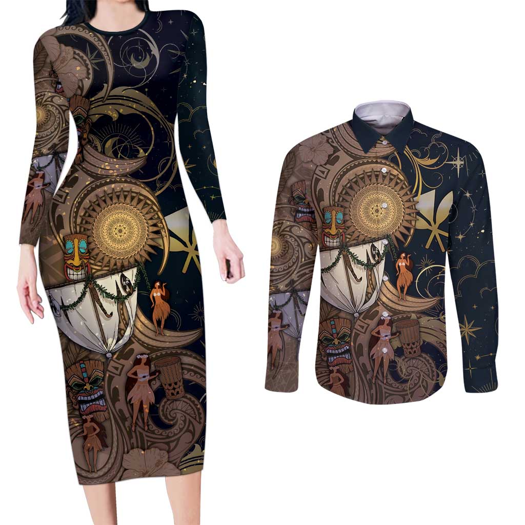 Hawaii Makahiki Couples Matching Long Sleeve Bodycon Dress and Long Sleeve Button Shirt Polynesian Sky And Earth - Polynesian Pride