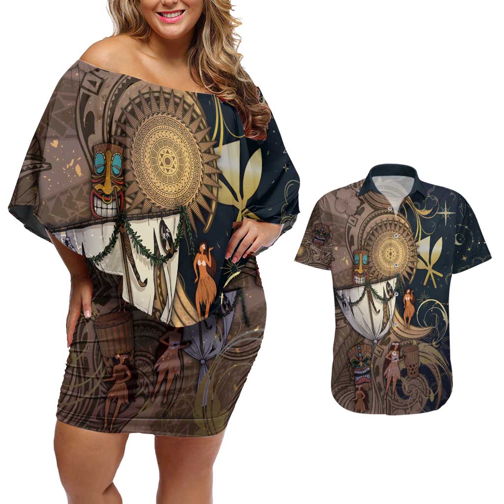 Hawaii Makahiki Couples Matching Off Shoulder Short Dress and Hawaiian Shirt Polynesian Sky And Earth - Polynesian Pride