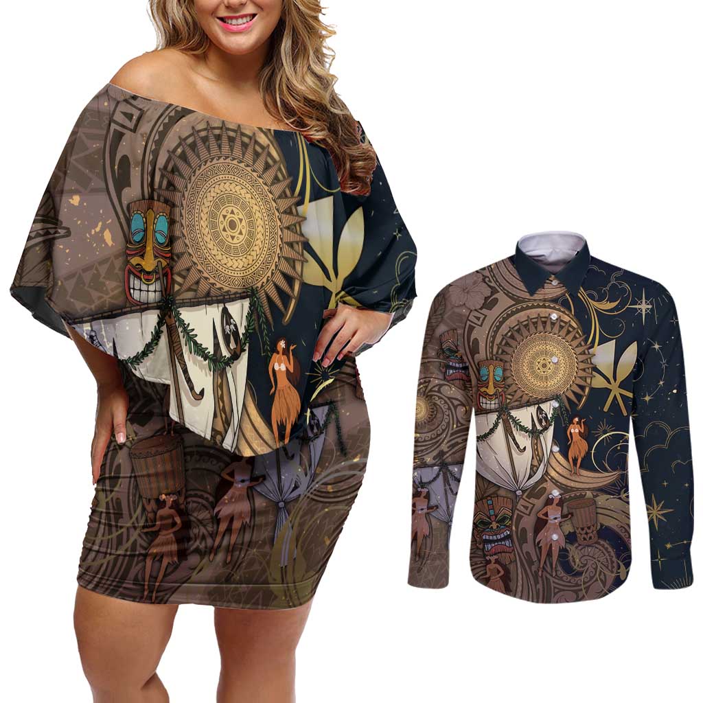 Hawaii Makahiki Couples Matching Off Shoulder Short Dress and Long Sleeve Button Shirt Polynesian Sky And Earth - Polynesian Pride