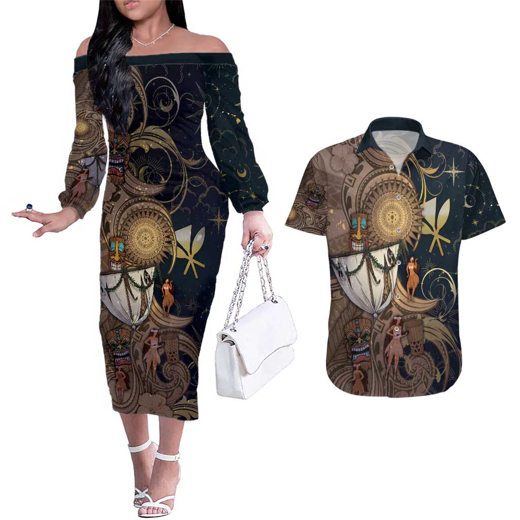 Hawaii Makahiki Couples Matching Off The Shoulder Long Sleeve Dress and Hawaiian Shirt Polynesian Sky And Earth - Polynesian Pride