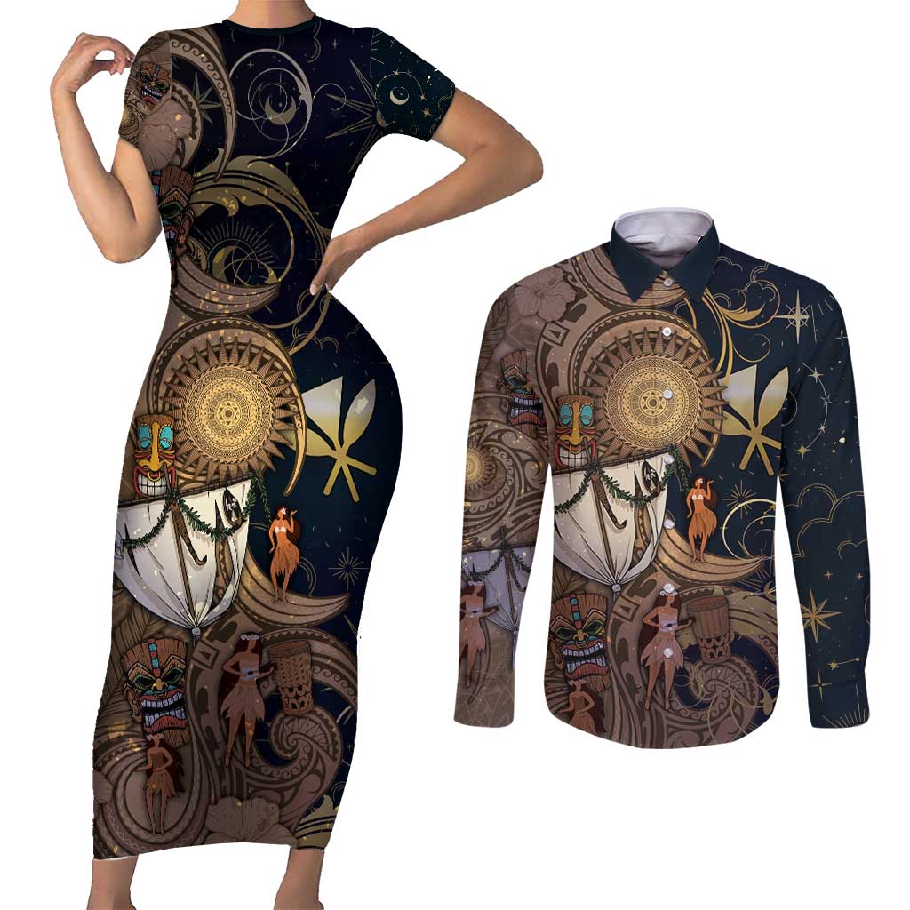 Hawaii Makahiki Couples Matching Short Sleeve Bodycon Dress and Long Sleeve Button Shirt Polynesian Sky And Earth - Polynesian Pride